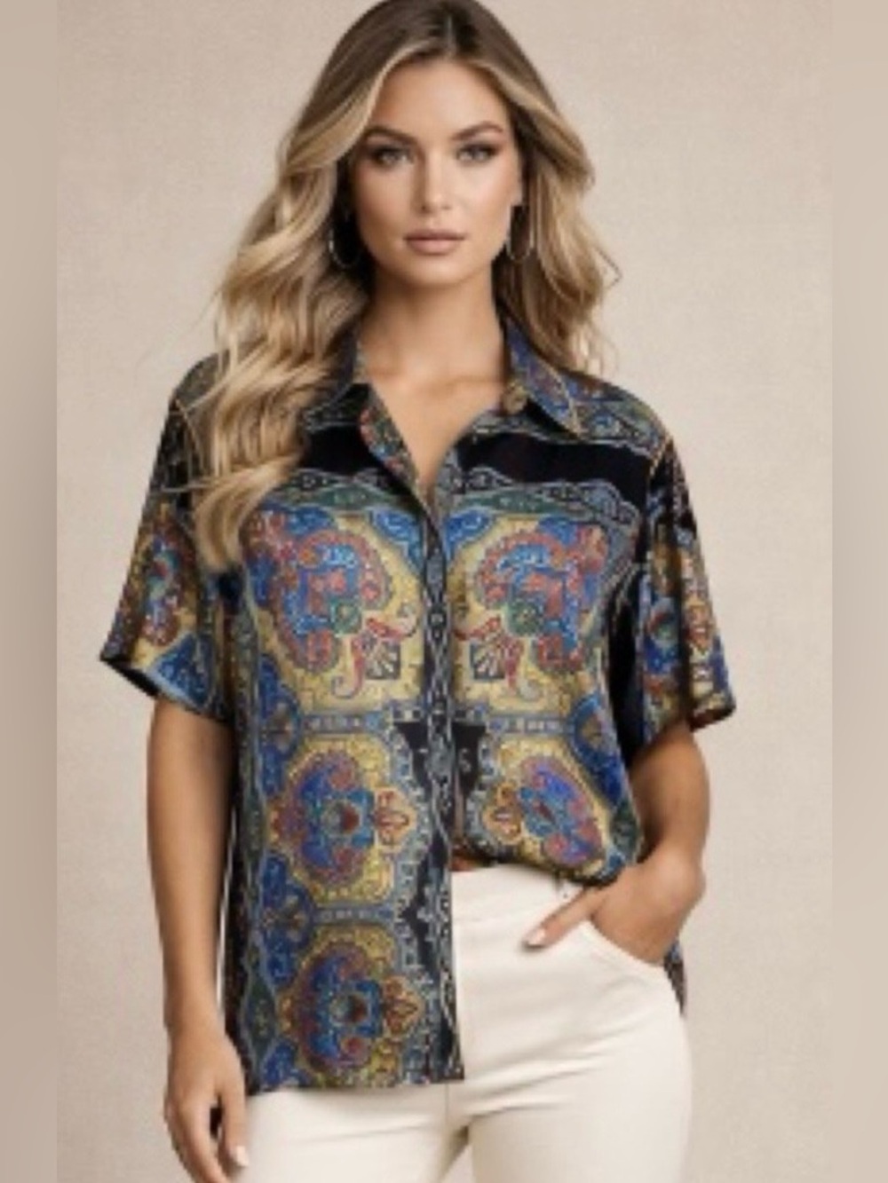 Sandro Ramy Paisley Print Satin Shirt Short Sleeve Silk-Feel Multi Size 8